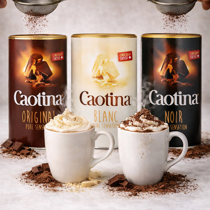Caotina Frühstücks-Kakaopulver Set mit original, noir und blanc, Schweizer Schokolade, jeweils 500g, ideal für Schokoladenliebhaber