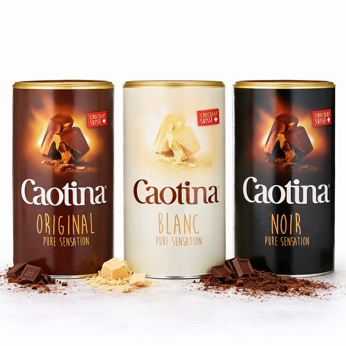 Caotina Frühstückskakao-Set mit original, noir und blanc Schokoladenpulver, je 500g, Schweizer Schokolade, perfekt für Frühstück.