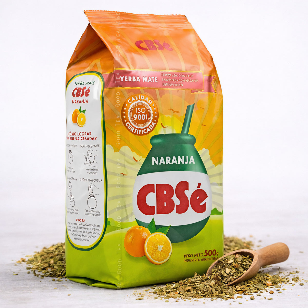 CBSé Mate Tee mit Orangengeschmack in 500g-Packung, frisch und aromatisch, ideal für gesunden Genuss.