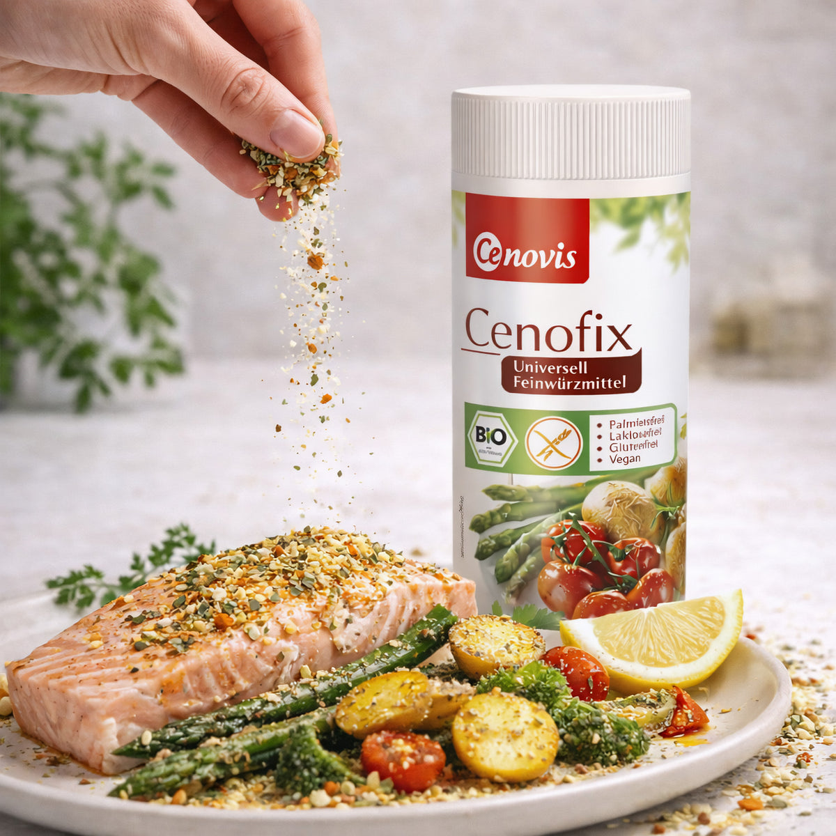 Bio Cenofix Universell Dose von Cenovis, 200g, ideal zum Kochen, in einer transparenten Dose mit grüner Beschriftung.