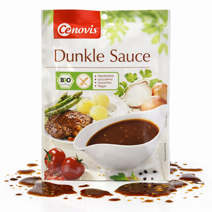 Dunkle vegane Cenovis Bio Sauce in einem Kochtopf, ideal zum Kochen, ab 20g, auf einem Küchenhintergrund.