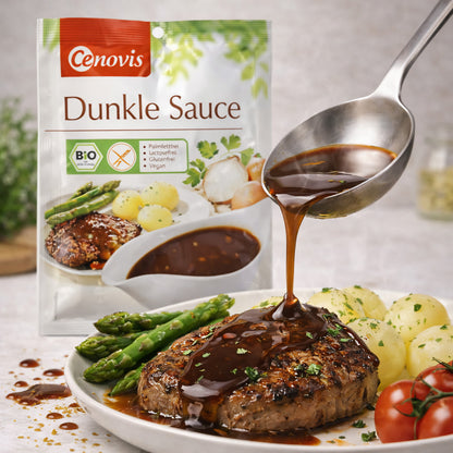 Cenovis Bio dunkle vegane Sauce zum Kochen, ab 20g, in einer offenen Verpackung mit dunkler Sauce sichtbar
