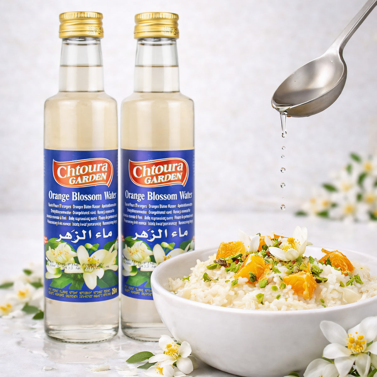 Chtoura Garden orientalisches Orangenblütenwasser, 250ml Flasche, zum Backen und Verfeinern von Süßspeisen, Nahaufnahme