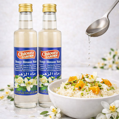 Chtoura Garden orientalisches Orangenblütenwasser, 250ml Flasche, zum Backen und Verfeinern von Süßspeisen, Nahaufnahme