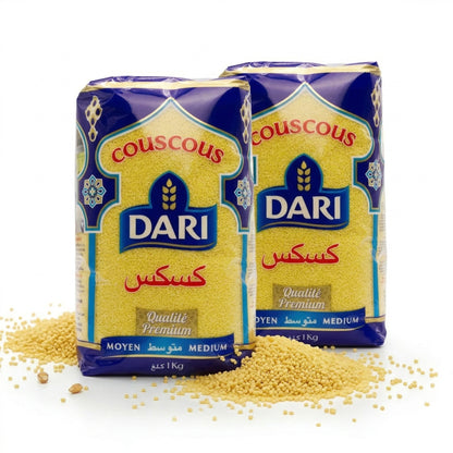 Dari Couscous, 2x1kg Packung, feines Getreide zum Kochen, in einer transparenten Verpackung sichtbar