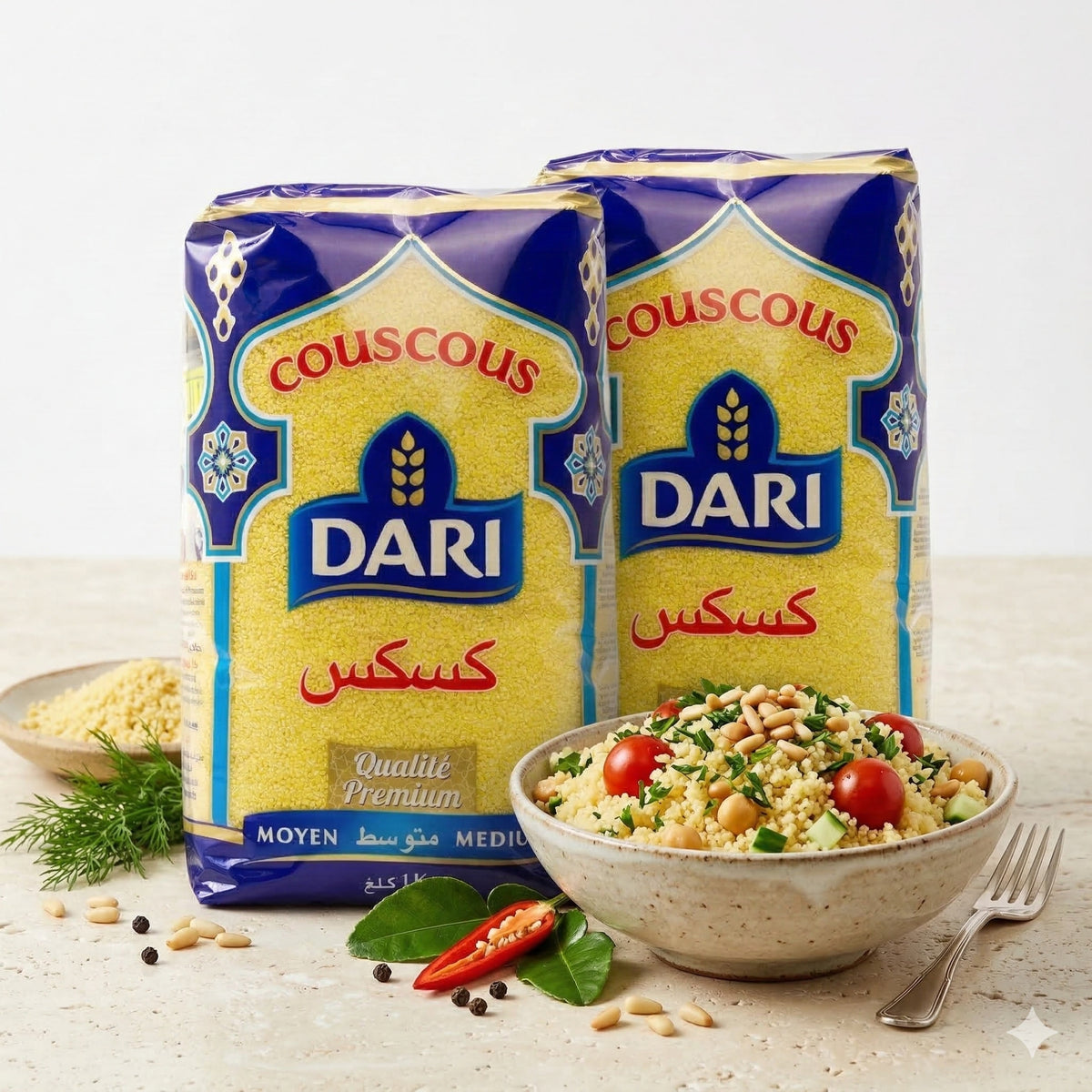 Dari Couscous, 2x1kg, Kochen, Nahaufnahme der Körner in einer Schüssel.