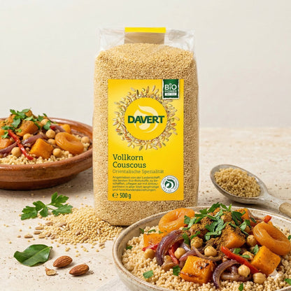 Vollkorn-Couscous von Davert in einer Schüssel zum Kochen, natürliche Bio-Qualität, ideal für gesunde Mahlzeiten