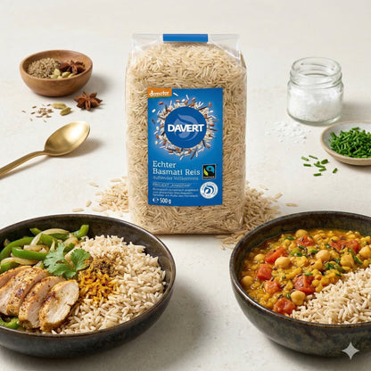 Brauner Davert Basmati Reis in Kochpackung, 500g, mit langen, schlanken Körnern, ideal für gesunde Mahlzeiten.