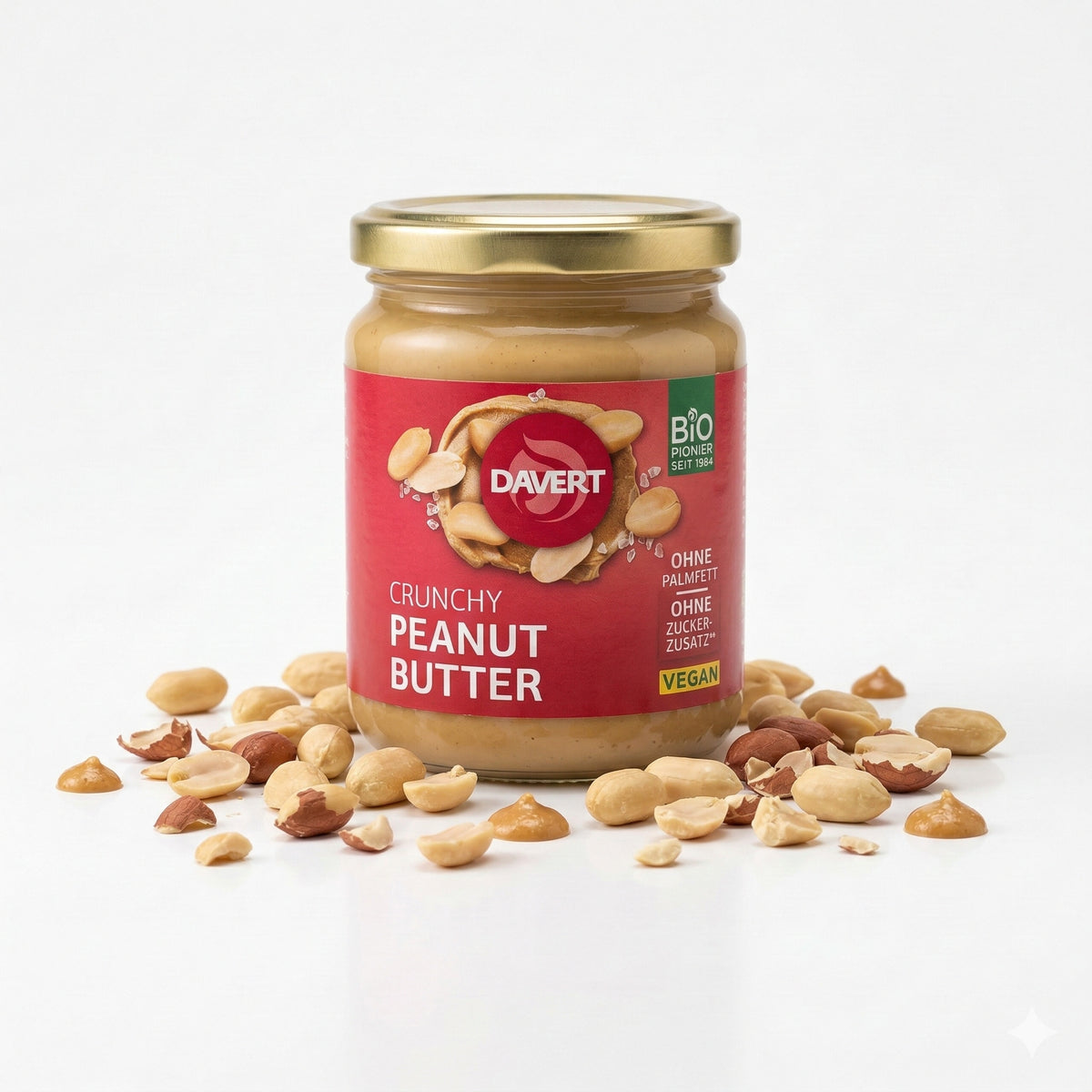 Bio Crunchy Peanutbutter von Davert in 250g, cremige Erdnussbutter mit knackigem Biss, ideal für Frühstück und Snacks.