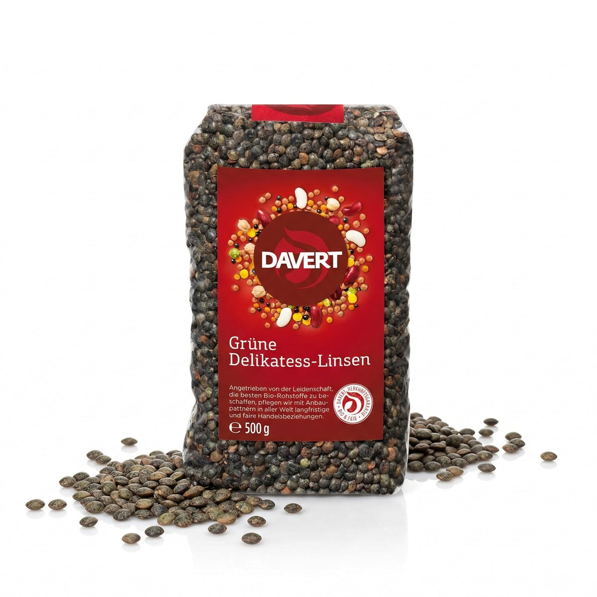 Grüne Bio-Delikatess-Linsen von Davert in 500g Packung, ideal für gesunde Kochrezepte, frisch und sortenrein.