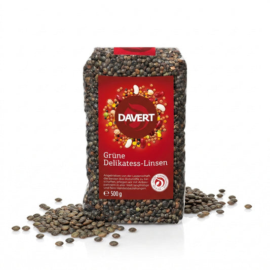 Grüne Bio-Delikatess-Linsen von Davert in 500g Packung, ideal für gesunde Kochrezepte, frisch und sortenrein.