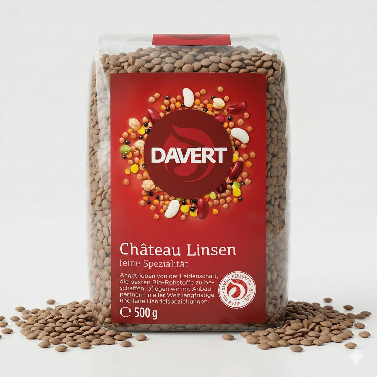 Bündel Davert Château Linsen in 500g Verpackung, für Kochen geeignet, mit bunten Linsen in einer Schüssel.