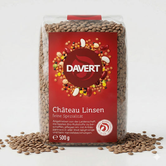 Bündel Davert Château Linsen in 500g Verpackung, für Kochen geeignet, mit bunten Linsen in einer Schüssel.