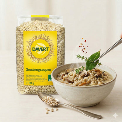 Bio Davert Gerstengraupen für Kochen, 500g, naturbelassen und frisch, in einer transparenten Verpackung sichtbar