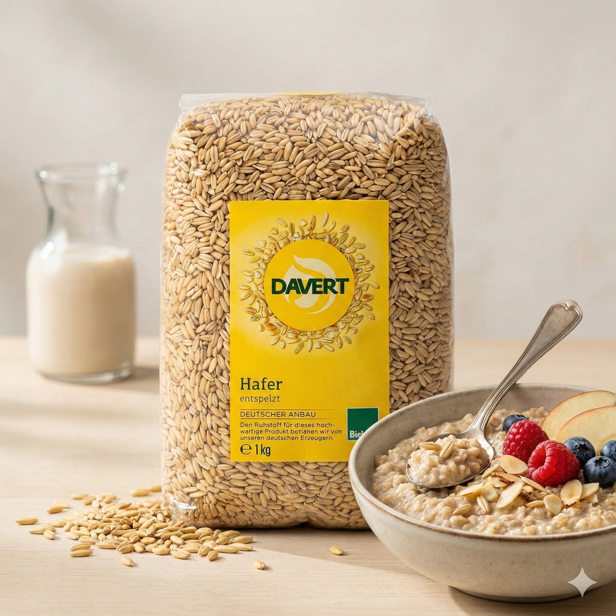 Bio Hafer von Davert, entspelzt, in einer Schüssel, ideal zum Kochen, zeigt die texturreiche Hafermenge in der Verpackung