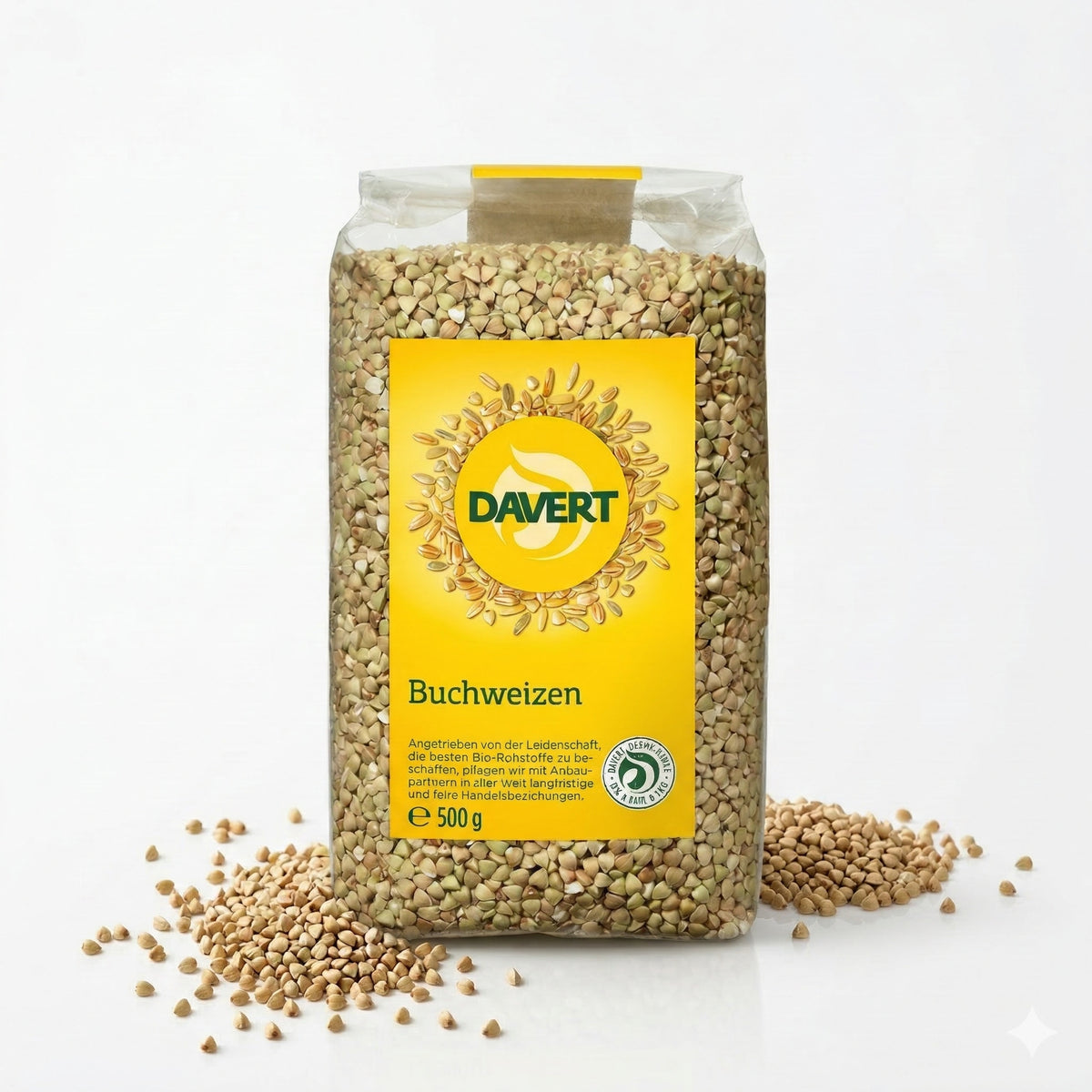 Bio-Buchweizen von Davert in 1kg Packung, ideal zum Kochen, zeigt eine Nahaufnahme der rohen, getreideähnlichen Körner.