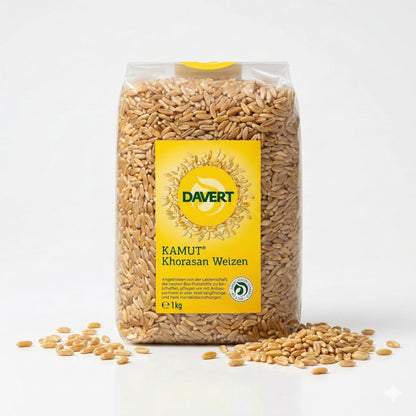 Bio Kamut von Davert, 1 kg, perfekt zum Kochen, zeigt die goldenen Kamutkörner in einer transparenten Schüssel.