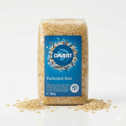 Weiße Langkorn Parboiled Reis von Davert in 4x500g Packung, perfekt zum Kochen und für vielfältige Gerichte.