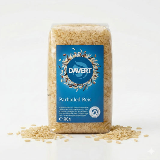 Weiße Langkorn Parboiled Reis von Davert in 4x500g Packung, perfekt zum Kochen und für vielfältige Gerichte.