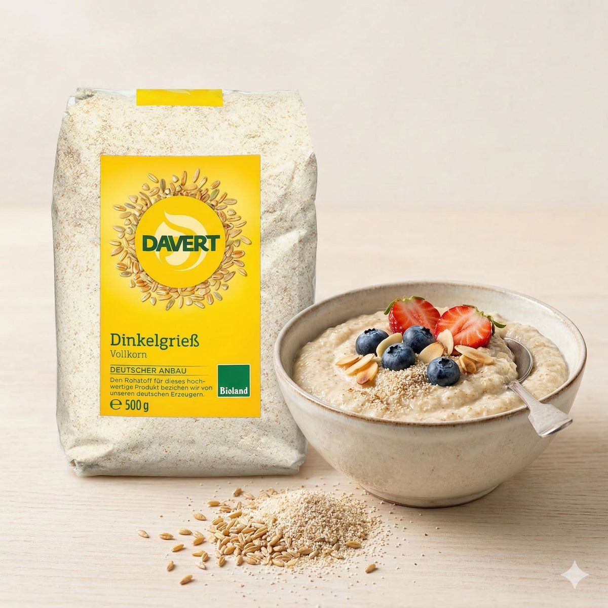 Bio Dinkelgries von Davert, zum Backen geeignet, in einer Packung auf dem Bild sichtbar