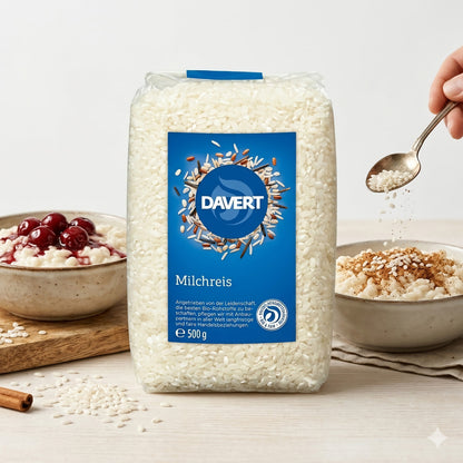 Naturbelassener Bio Milchreis von Davert in einer Packung, ideal zum Kochen, mit cremiger Textur und Bio-Qualität.