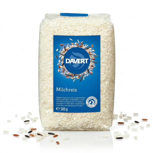 Bio Milchreis von Davert in einer Schüssel, ideal zum Kochen, mit cremiger Textur und Verpackung ab 500 g.