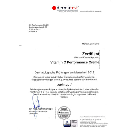 Zertifikat für die Cosphera Vitamin C Performance Creme mit dermatologischer Bewertung und Unterschrift eines Facharztes.