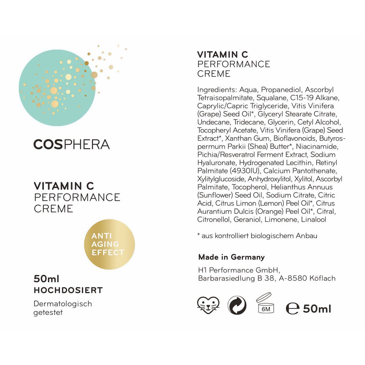 Detailansicht der Verpackung der Cosphera Vitamin C Performance Creme 50ml mit Inhaltsstoffen und Herstellerangaben.