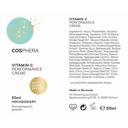 Detailansicht der Verpackung der Cosphera Vitamin C Performance Creme 50ml mit Inhaltsstoffen und Herstellerangaben.