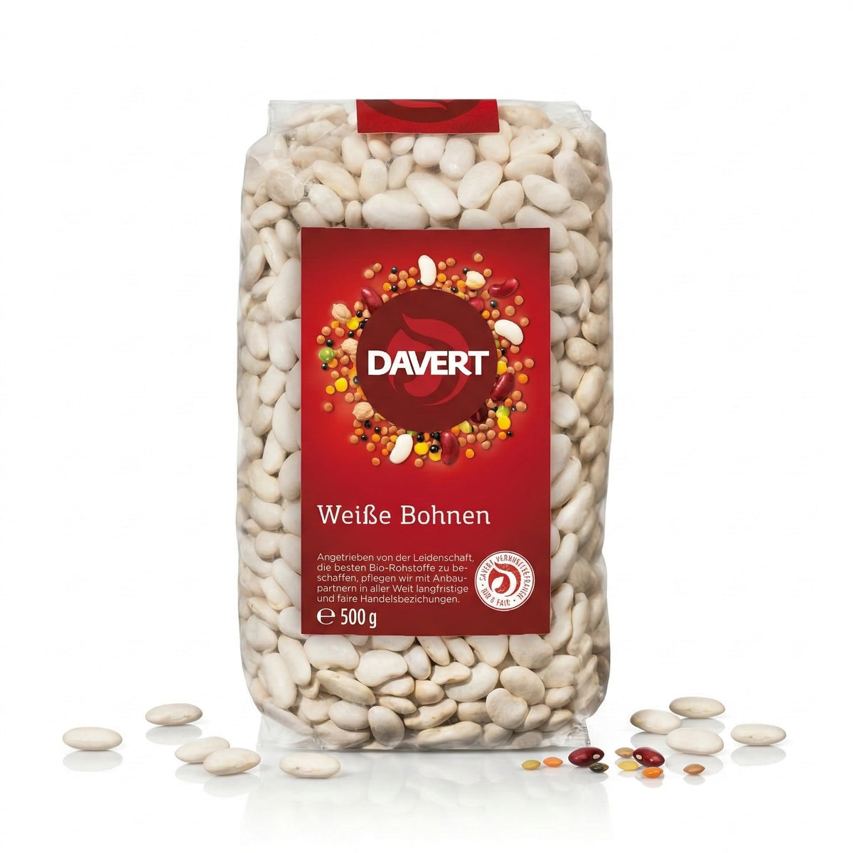 Weiße Bio-Bohnen von Davert in einer Schüssel, ideal zum Kochen, ab 500g. Frische, hochwertige Lebensmittel für gesunde Gerichte.
