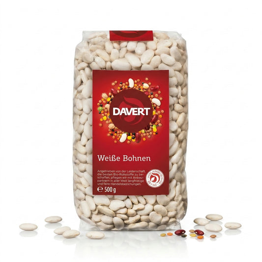 Weiße Bio-Bohnen von Davert in einer Schüssel, ideal zum Kochen, ab 500g. Frische, hochwertige Lebensmittel für gesunde Gerichte.