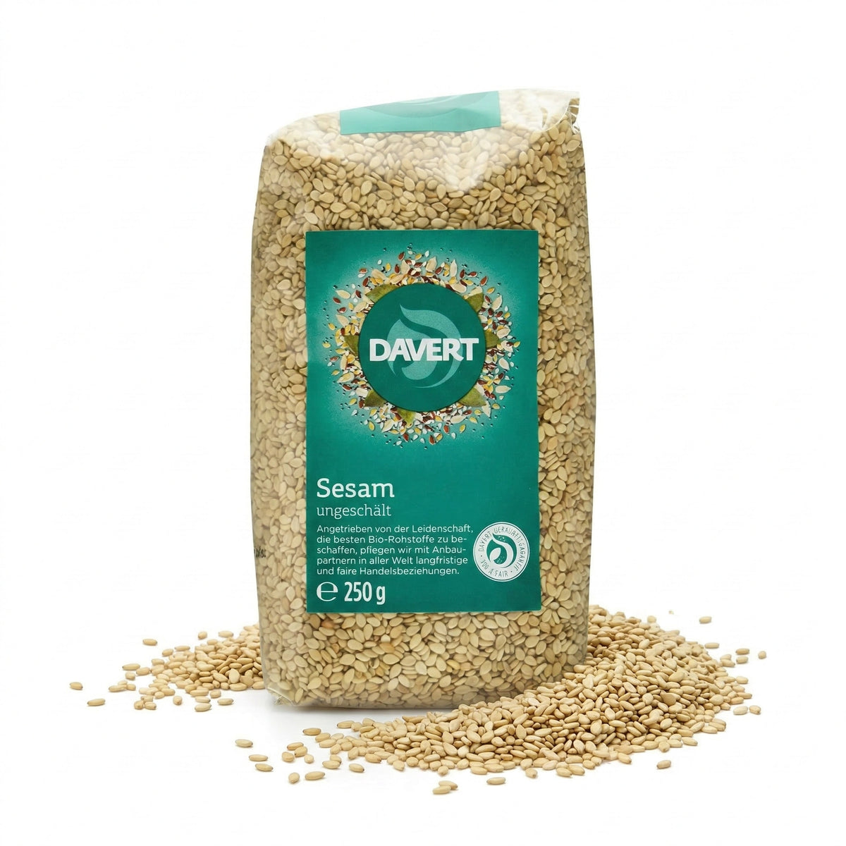 Bio Sesam ungeschält von Davert, 250g, in einer transparenten Schüssel, ideal für das Kochen und Backen.