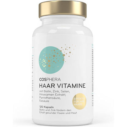 Cosphera Haar Vitamine Dose mit goldfarbenem Deckel, zentriert und freigestellt, Produktbezeichnung und Inhaltsstoffe für Haare und Mineralien gut lesbar.