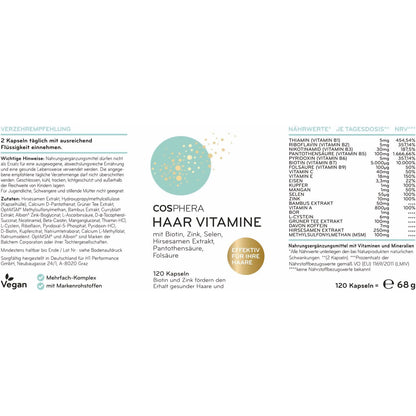 Detailansicht des Etiketts der Cosphera Haar Vitamine Kapseln mit Nährwerttabelle, Zutatenliste und Verzehrempfehlung, Fokus auf Nährstoffe und Mineralien.