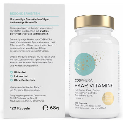 Cosphera Haar Vitamine Dose neben Verpackung, Fokus auf Besonderheiten wie vegan, glutenfrei und laktosefrei, geeignet für Wellness und Körperpflege.