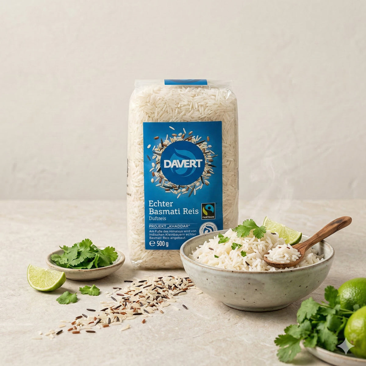Davert Basmati Reis weiß 500g neben einer Schale gekochtem Reis mit Limetten und Koriander, Reis und Zutaten auf dem Tisch verteilt.