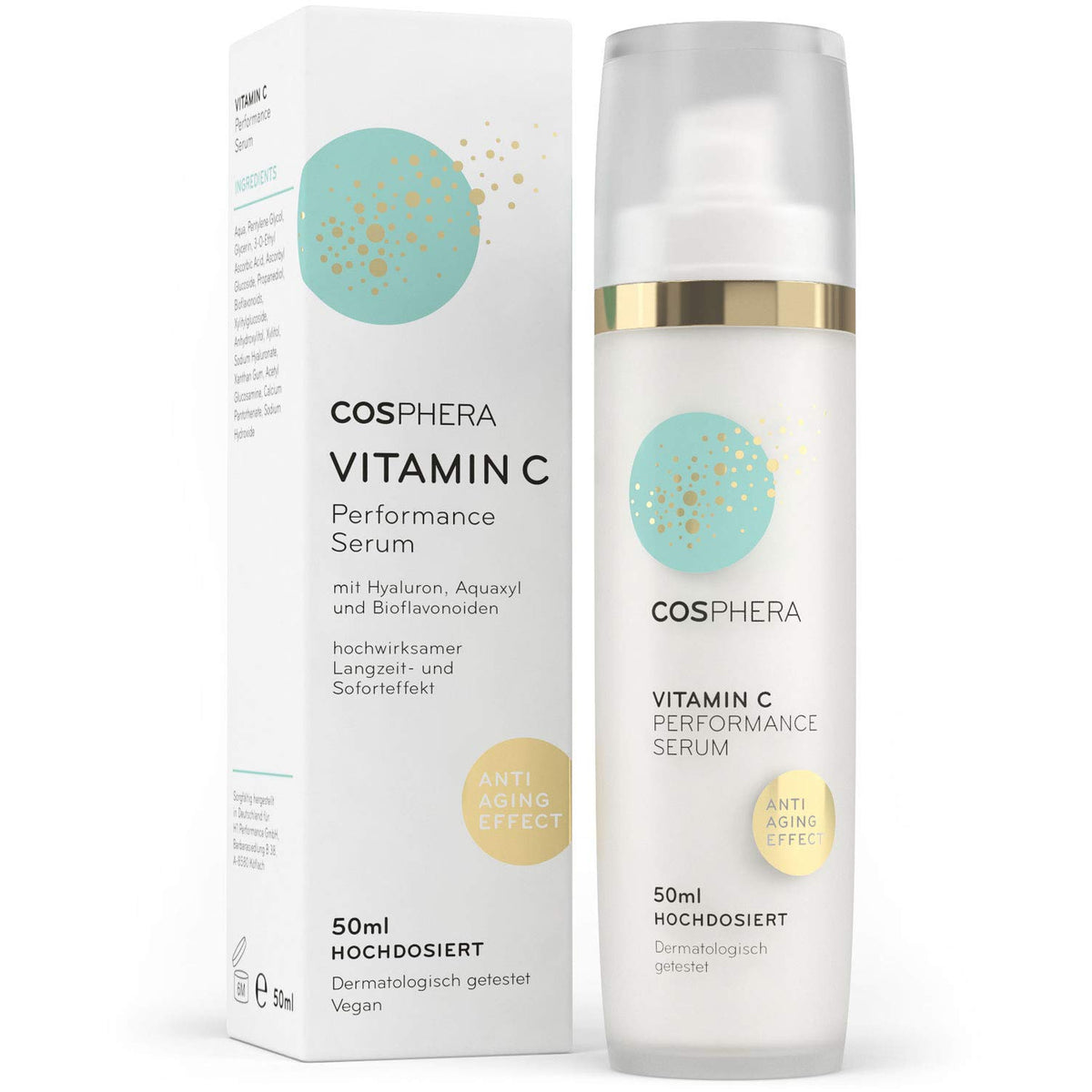 Hochdosiertes Cosphera Vitamin C Performance Serum in 50 ml Flasche für strahlende Haut, Hautpflege, Vitamin C Serum