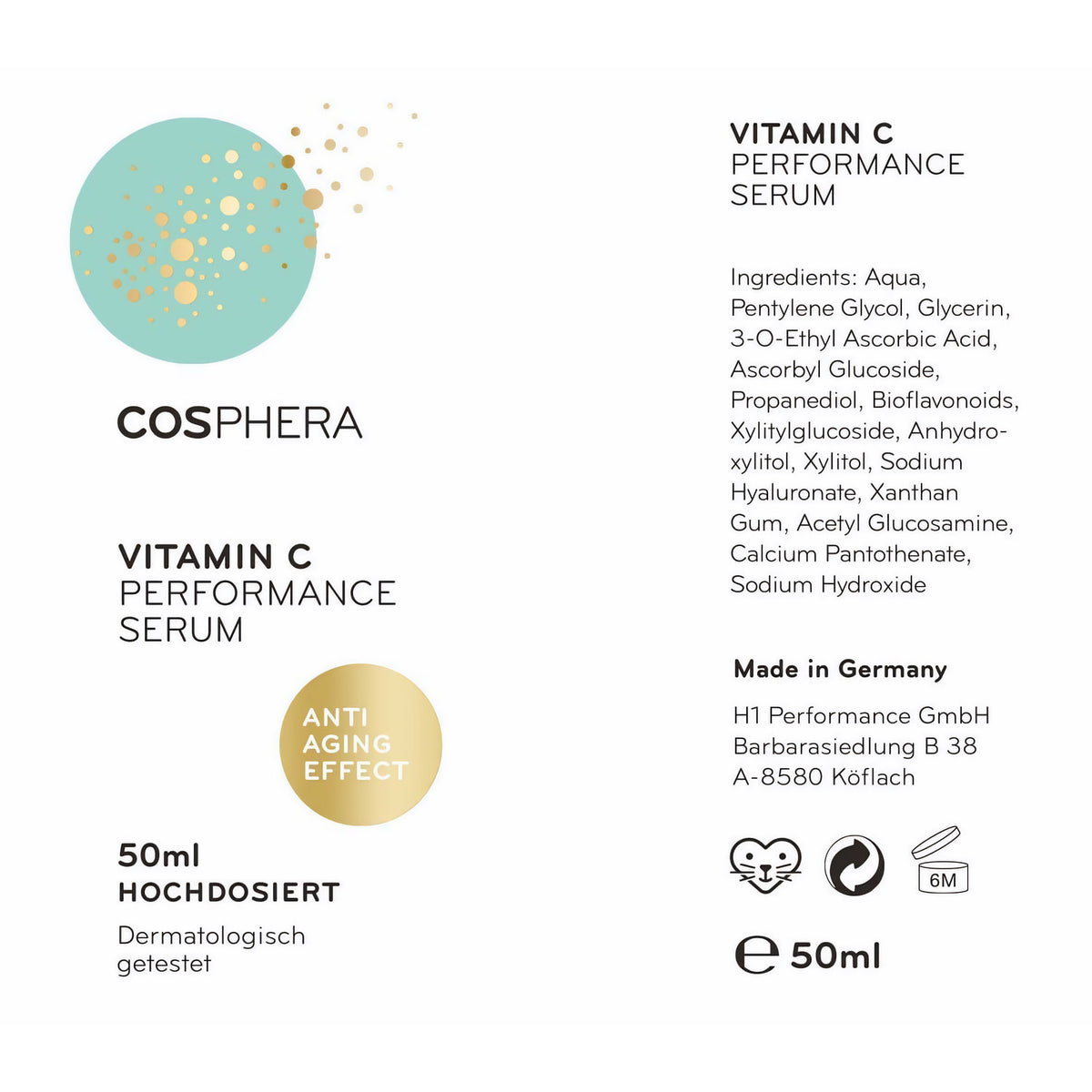Hochdosiertes Vitamin C Serum von Cosphera in einer 50 ml Flasche, für strahlende Haut und antioxidativen Schutz.