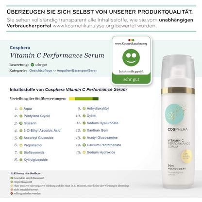 Hochdosiertes Cosphera Vitamin C Performance Serum in 50 ml Flasche, Hautpflege für strahlende und gepflegte Haut.