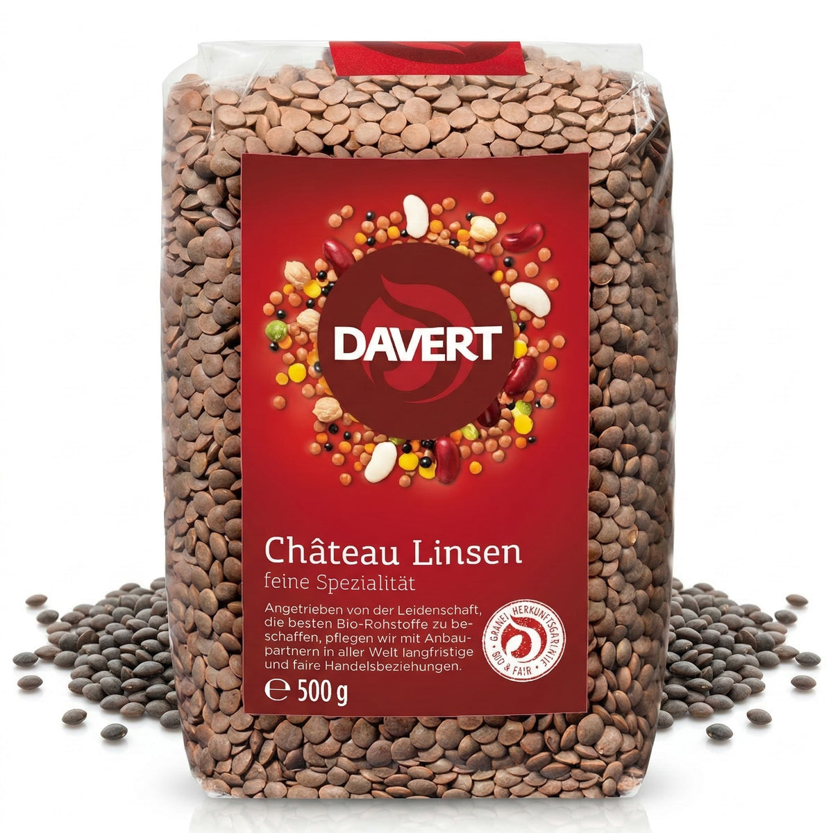 Packung Davert braune Tellerlinsen 500g mit rotem Etikett, umgeben von losen Linsen auf weißem Hintergrund.