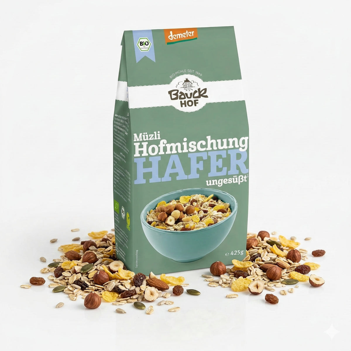Bio Hafermüsli Hofmischung von Bauckhof, Demeter, Frühstücks-Müsli in 4x 425g Packungen, mit Haferflocken und Getreide.