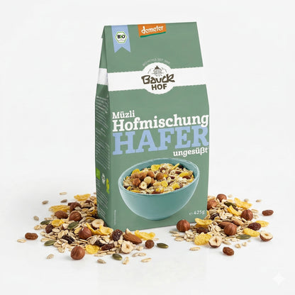 Bio Hafermüsli Hofmischung von Bauckhof, Demeter, Frühstücks-Müsli in 4x 425g Packungen, mit Haferflocken und Getreide.