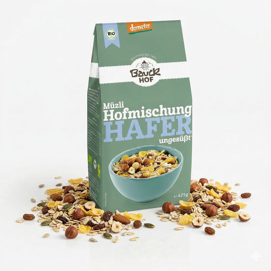 Bio Hafermüsli Hofmischung von Bauckhof, Demeter, Frühstücks-Müsli in 4x 425g Packungen, mit Haferflocken und Getreide.