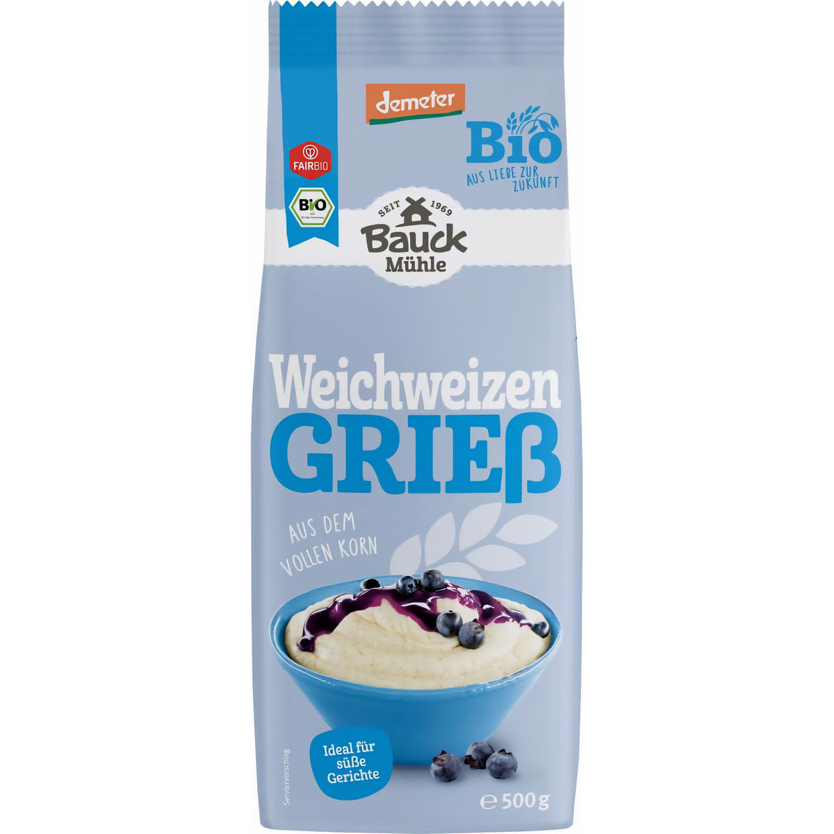 Bio Weizenvollgries von Bauckhof, ideal zum Kochen, in 500g Packung, zeigt die helle, grob gemahlene Weizenvollkörner.