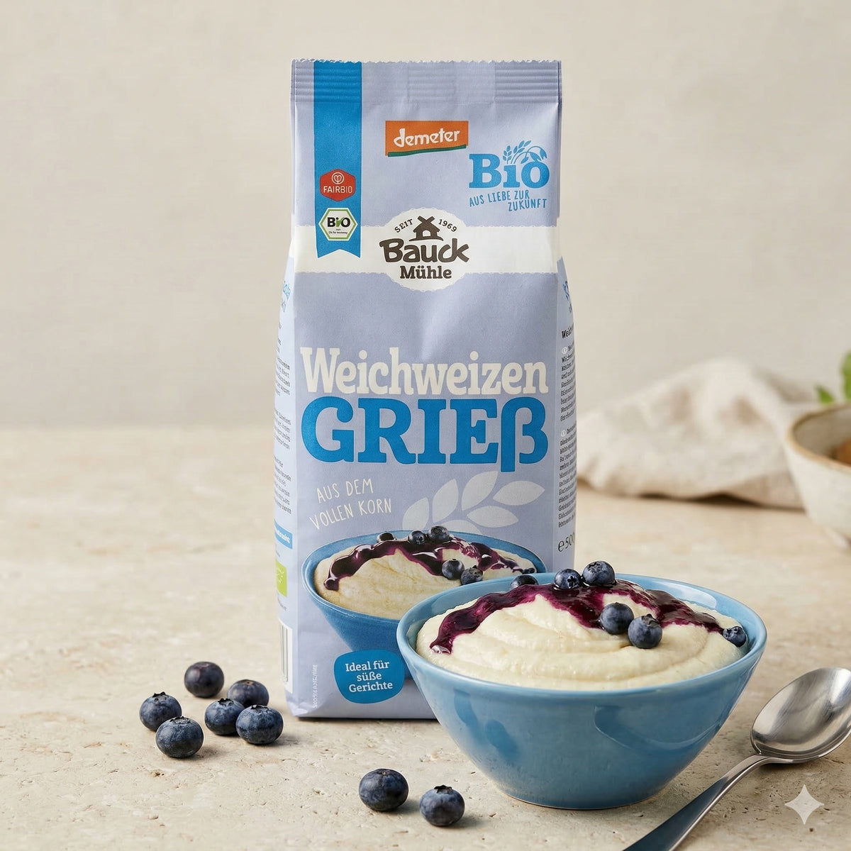 Bio Weizenvollgries von Bauckhof, in einer Verpackung ab 500g, ideal zum Kochen, aus biologischer Weizenvollkornmühle