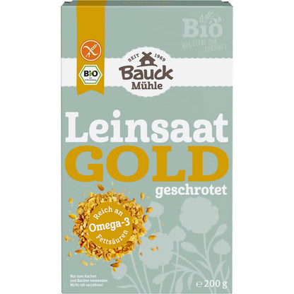 Vorderseite der Packung Bauckhof Bio Gold-Leinsaat geschrotet glutenfrei 200g, zentriert und freigestellt vor weißem Hintergrund.