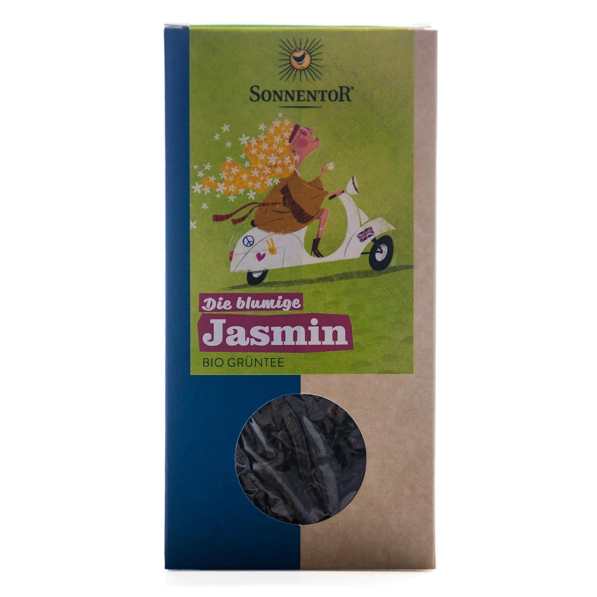 Sonnentor blumige Jasmin Tee lose 100g, stehende Packung mit Sichtfenster, Vorderseite mit bunter Illustration und Produktbezeichnung.