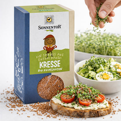 Bio-Kresse-Saaten von Sonnentor, frisch und grün, in 6 Packungen zu je 120g, ideal für den Anbau im Garten oder auf der Fensterbank.