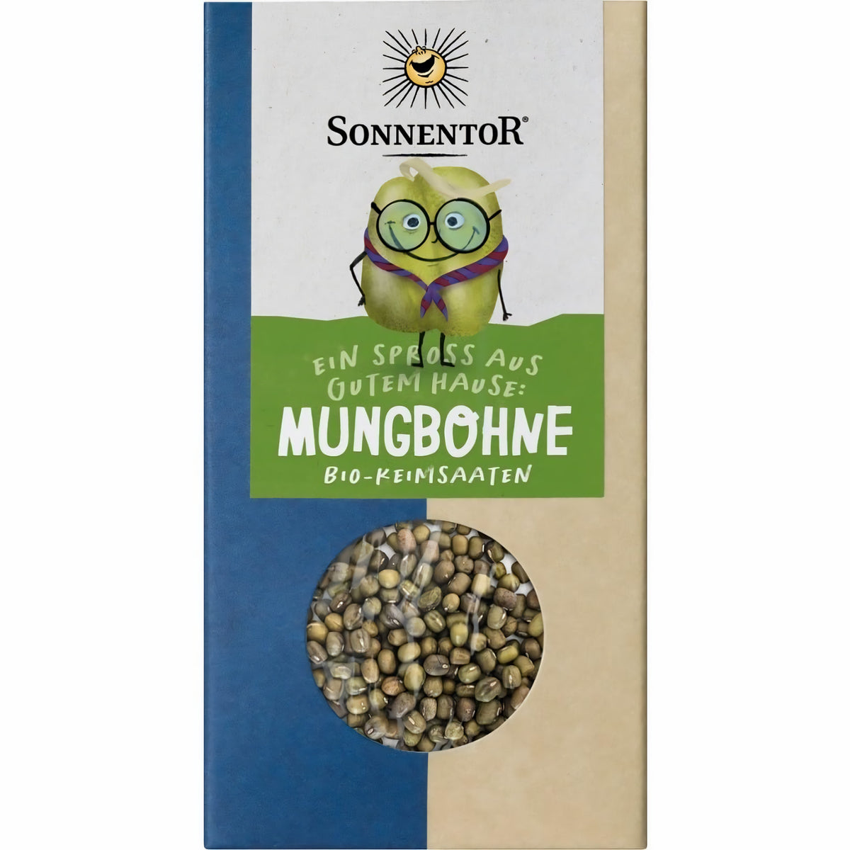 Bio Mungbohnen von Sonnentor, Saaten, trockene grüne Mungbohnen in wiederverwendbarer Verpackung, ideal für Kochen und Gesundes.