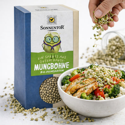 Bio Mungbohnen von Sonnentor, 6 Packungen à 120g, frische Saaten für gesunde Ernährung, im Bild sichtbar